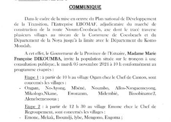 Société-Gabon/Route Ntoum-Cocobeach : Le programme des consultations publiques.
