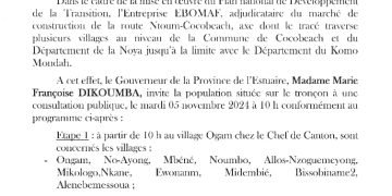 Société-Gabon/Route Ntoum-Cocobeach : Le programme des consultations publiques.