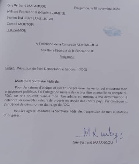 La lettre de démission qui acte le divorce entre le PDG et Guy Bertrand Mapangou